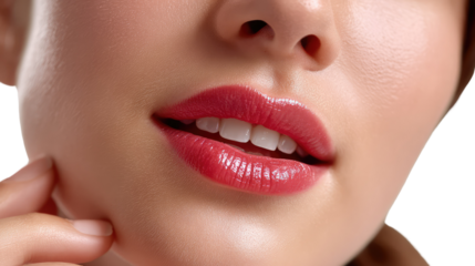 Sensual Lips: A close-up view showcases the allure of beautifully defined lips, enhanced by a vibrant red lipstick. The image captures the essence of beauty, confidence, and cosmetic enhancement.