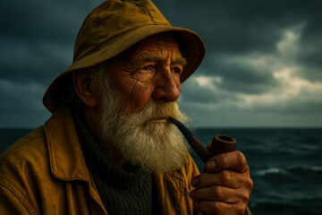 Bearded Elderly Fisherman Smoking Pipe by the Sea
