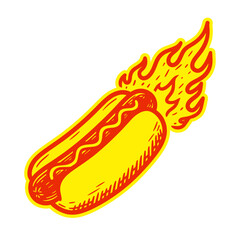 hot dog on fire, cartoon sticker illustration