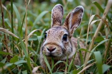 Fototapeta premium Hare Hiding in Green: A stunning close-up photograph unveils a charming hare nestled amidst a vibrant field of green. The hare's soft fur and attentive gaze, creates a serene scene.
