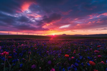 Vibrant Sunset over Flower Field with Wind Turbines Varient 5