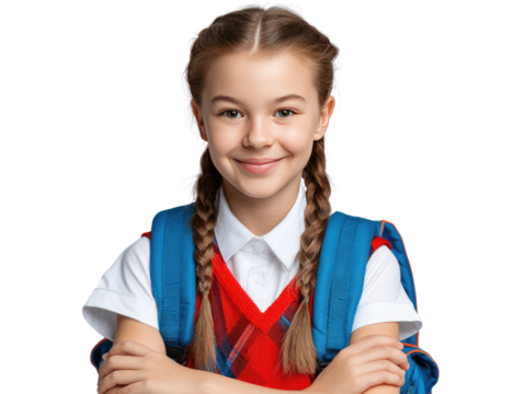Smiling student with backpack: A bright and cheerful girl with braided hair, wearing a school uniform and a backpack, radiates confidence and readiness for learning.
