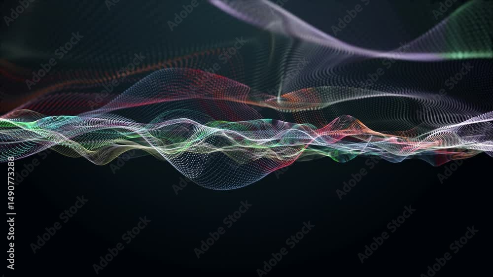 Poster fantastic video animation with particle wave object in slow motion and space for text, 4096x2304 loo