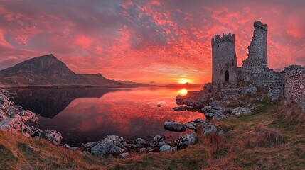 Fototapeta premium Dramatic sunset over ruins by a tranquil lake.