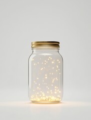 A jar filled with glowing fireflies emitting warm magical light, creating a dreamy and whimsical atmosphere on a soft background.
