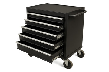 Black metal rolling tool cabinet with drawers open on transparent background