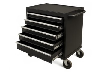 Black metal rolling tool cabinet with drawers open on transparent background