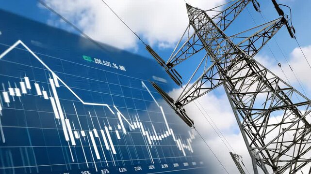 Exploring insights into the latest trends in the energy market, featuring power lines and data analysis against a vibrant blue sky backdrop