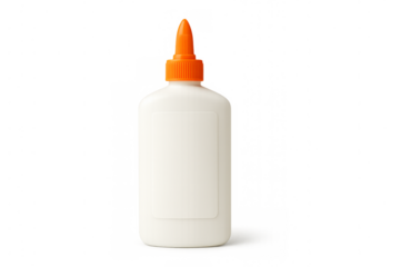 White glue bottle with orange cap and blank label on transparent background