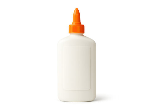 White glue bottle with orange cap and blank label on transparent background