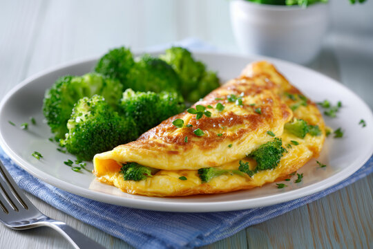 Delicious Omelette With Stewed Broccoli On A White Plate Over Blue Napkin And A Wooden Table