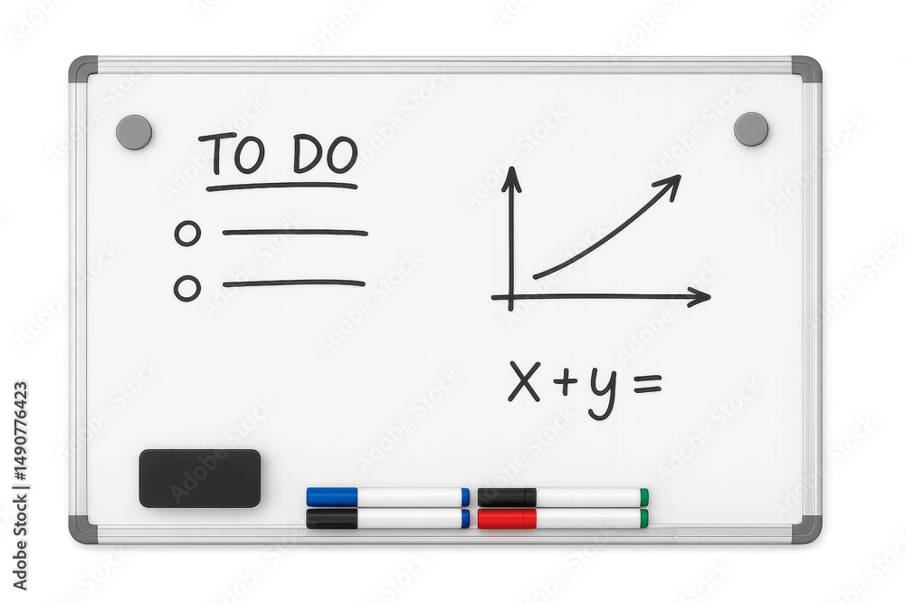 Poster whiteboard showing increasing graph, to-do list and equation on transparent background