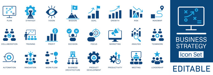 Business Strategy Icon Set. Features editable icons for planning, leadership, and growth. Ideal for business development, management, and strategic analysis. © Iconify