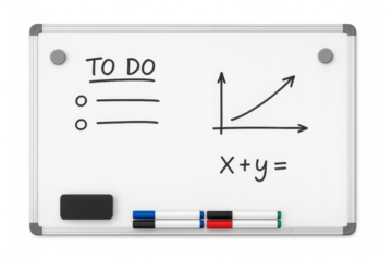 Whiteboard showing increasing graph, to-do list and equation on transparent background