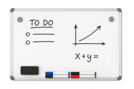 Whiteboard showing increasing graph, to-do list and equation on transparent background - Powered by Adobe