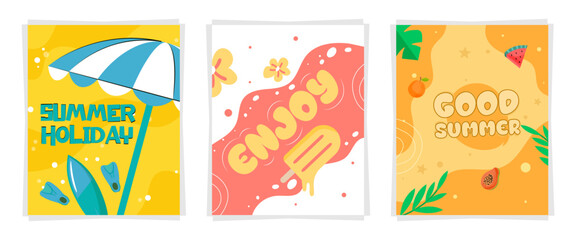 Set of Fun and Vibrant Summer Posters Featuring Holiday Elements, Popsicles, Tropical Fruits, and Playful Typography
