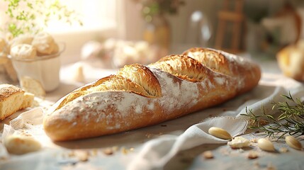 Freshly Baked Baguette with Crispy Crust on Rustic Table