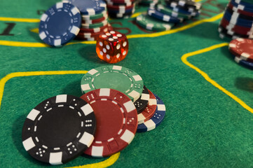 Casino chips and dice view.