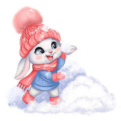 Cute white bunny in winter clothes playing with a snowball. The rabbit wears a pink hat, scarf, mittens, and boots. Snowy background. Watercolor cartoon style for children