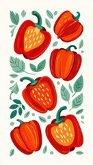 Colorful red bell peppers and green leaves pattern on white background
