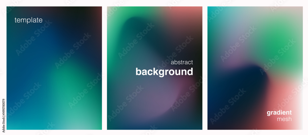 Poster Set of three futuristic vector templates featuring vibrant gradient mesh backgrounds in smooth, colorful blends. Perfect for modern designs, posters, or web graphics.