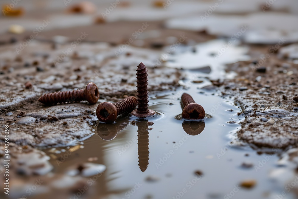 Poster rusty screws in puddle: close-up shot of a few old, rusty screws scattered within a puddle on the gr