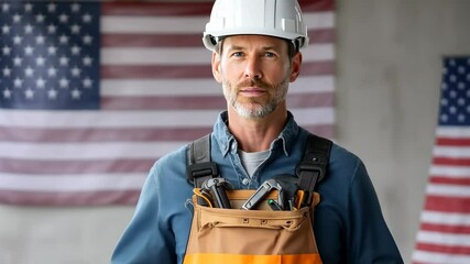 A confident and skilled worker proudly stands indoors in front of multiple American flags while holding a set of tools