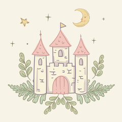 Whimsical Fairy Castle with Moon and Stars, Vector Illustration