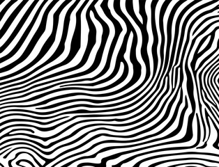 Vector illustration features dynamic black and white wavy lines in an abstract, optical art style. It channels a modern, bold look that’s popular in current minimal and graphic design trends.