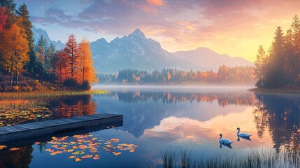 Peaceful Serene Reflection of Lake Surrounded by Mountains at Sunset