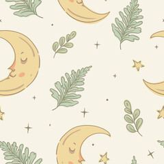 Sleeping Crescent Moon Seamless Pattern, Whimsical Illustration