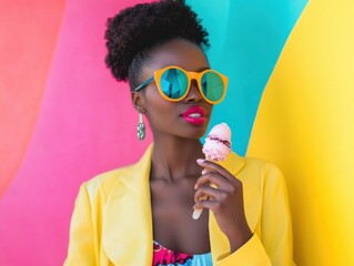 Stylish Black Woman Enjoying Ice Cream Against Colorful Background