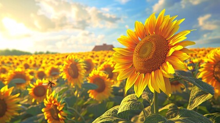 Golden Sunflower Bloom in a Vibrant Field Under a Bright Sky
