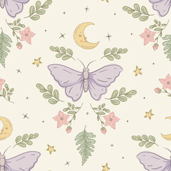 Cute Night Butterfly Seamless Pattern with Moon, Stars, and Flowers, Whimsical Illustration