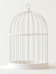 Minimalist empty birdcage hanging on beige background
