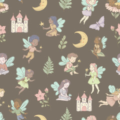 Cartoon Seamless Pattern of a Flying Fairy, Whimsical Vector Character