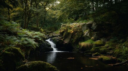 Small forest waterfall cascading over mossy rocks surrounded by lush greenery in a peaceful woodland scene, captured in natural light with soft flowing water details.