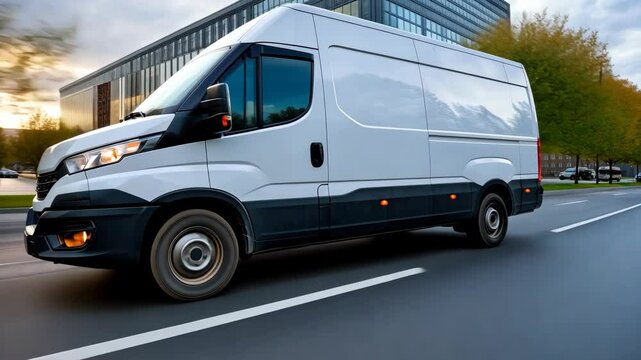 Delivery van traveling on an urban road showcasing modern architecture and autumn trees during the late afternoon