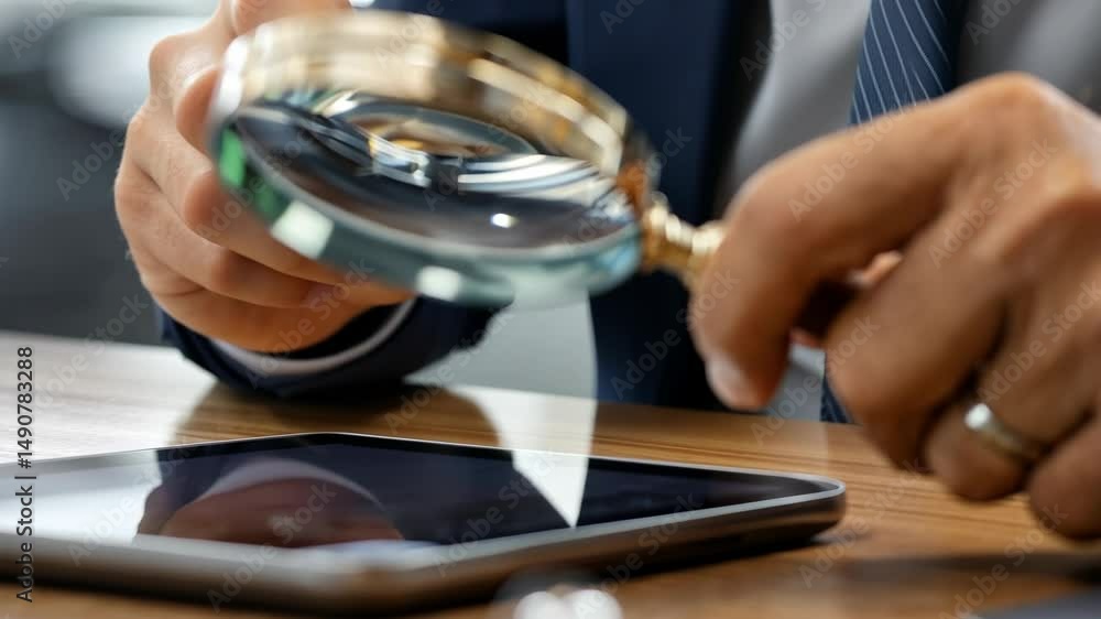 Poster carefully analyzing various documents using a magnifying glass while seated at a desk in a well-lit 