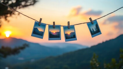Sunset mountain photos strung on a clothesline
