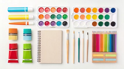 Obraz premium Colorful Art Supplies Flat Lay Watercolor Paints Pencils Brushes and More