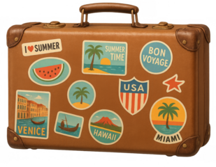 Vintage suitcase showing summer vacation memories from venice, hawaii, and miami