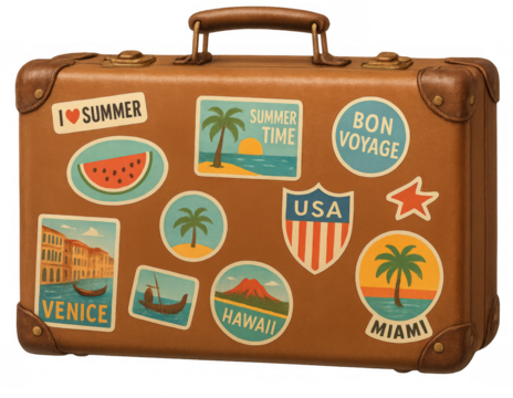 Vintage suitcase showing summer vacation memories from venice, hawaii, and miami