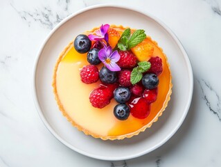Fruit Tart with Glaze and Edible Flowers on Marble
