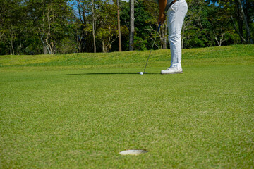 Golfer putting golf in beautiful golf course in the evening golf course with sunshine.