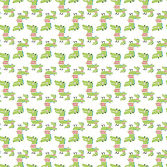 Seamless Pattern of Cute Green Crocodiles in Red Striped Shirts on White Background