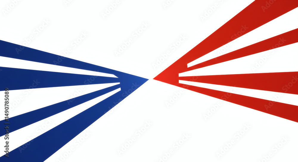 Poster abstract red and blue beams of light or lines converging to a central point on a white background. d