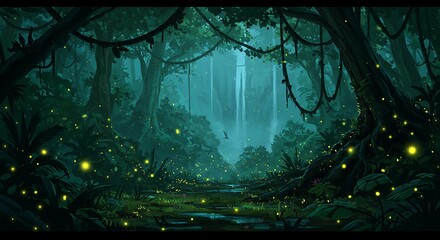 Fototapeta premium Enchanting Firefly Forest: Lush Tropical Night Scene