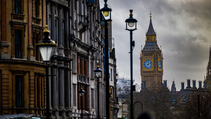 London Cityscape: Historic Streets with an Unusual View of Big Ben Under a Spectacular Sky