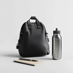 Sleek black backpack, silver water bottle, and tan notepad with pen rest on a minimalist white background